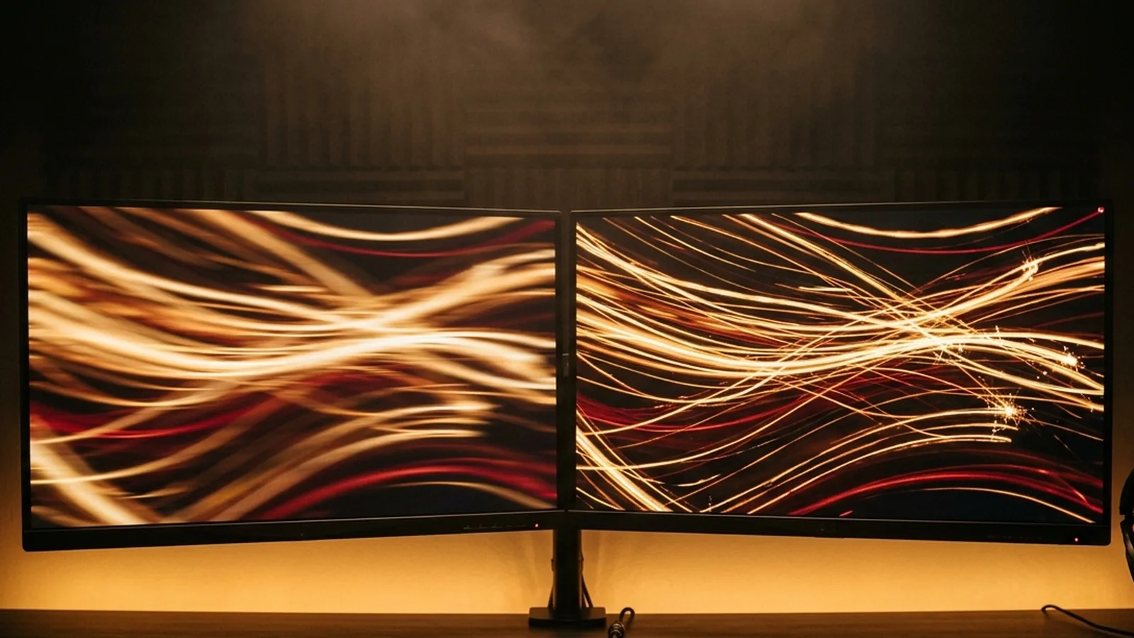 Two monitors side by side showing the same fast-moving game scene, one smoother than the other.