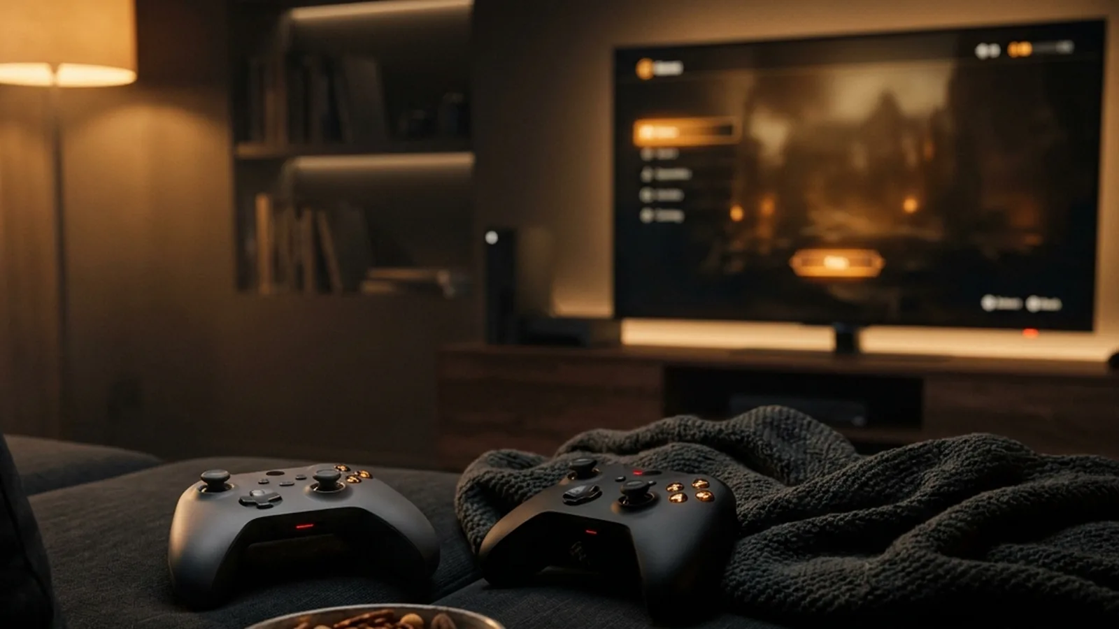 Two friends on a sofa sharing a PS5 screen, one pointing at a puzzle while the other holds the controller.
