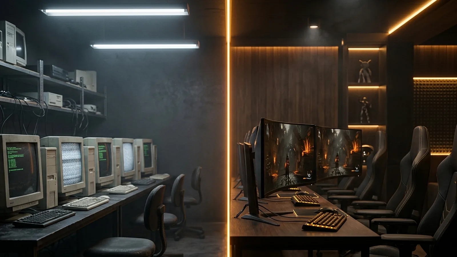 A comfortable gaming room with racing seats, consoles and monitors set up side by side.