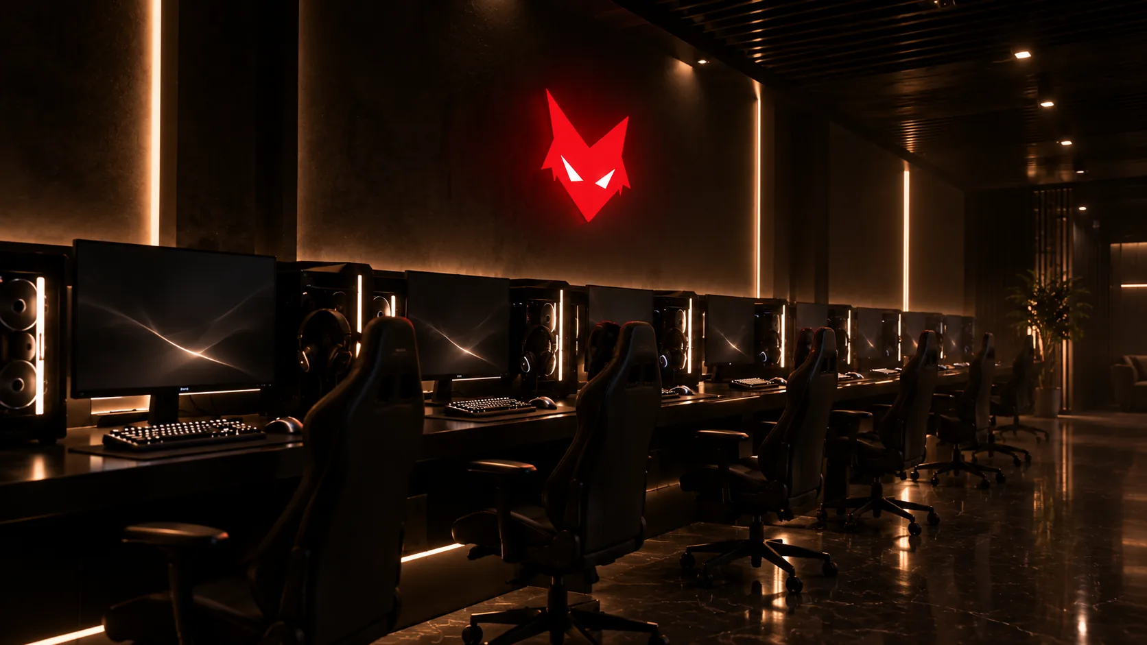 Gaming PCs in a row at a Playsole gaming lounge